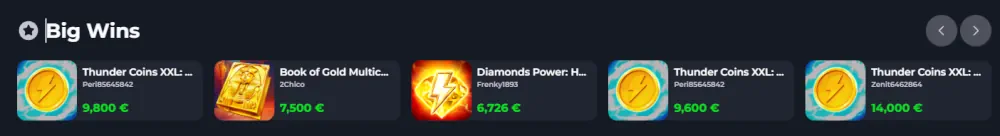 Classement des gains importants en direct de FelixSpin montrant les paiements récents des joueurs.